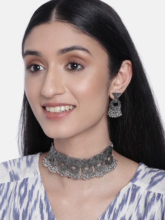 Women's Oxidised Silver Plated Afghani Choker Necklace Jewellery Set