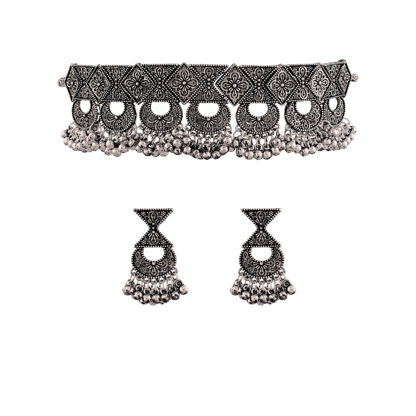 Women's Oxidised Silver Plated Afghani Choker Necklace Jewellery Set