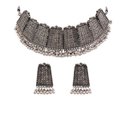 Women's Oxidised Silver Plated Afghani Choker Necklace Jewellery Set