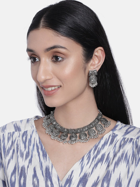 Women's Oxidised Silver Plated Afghani Choker Necklace Jewellery Set