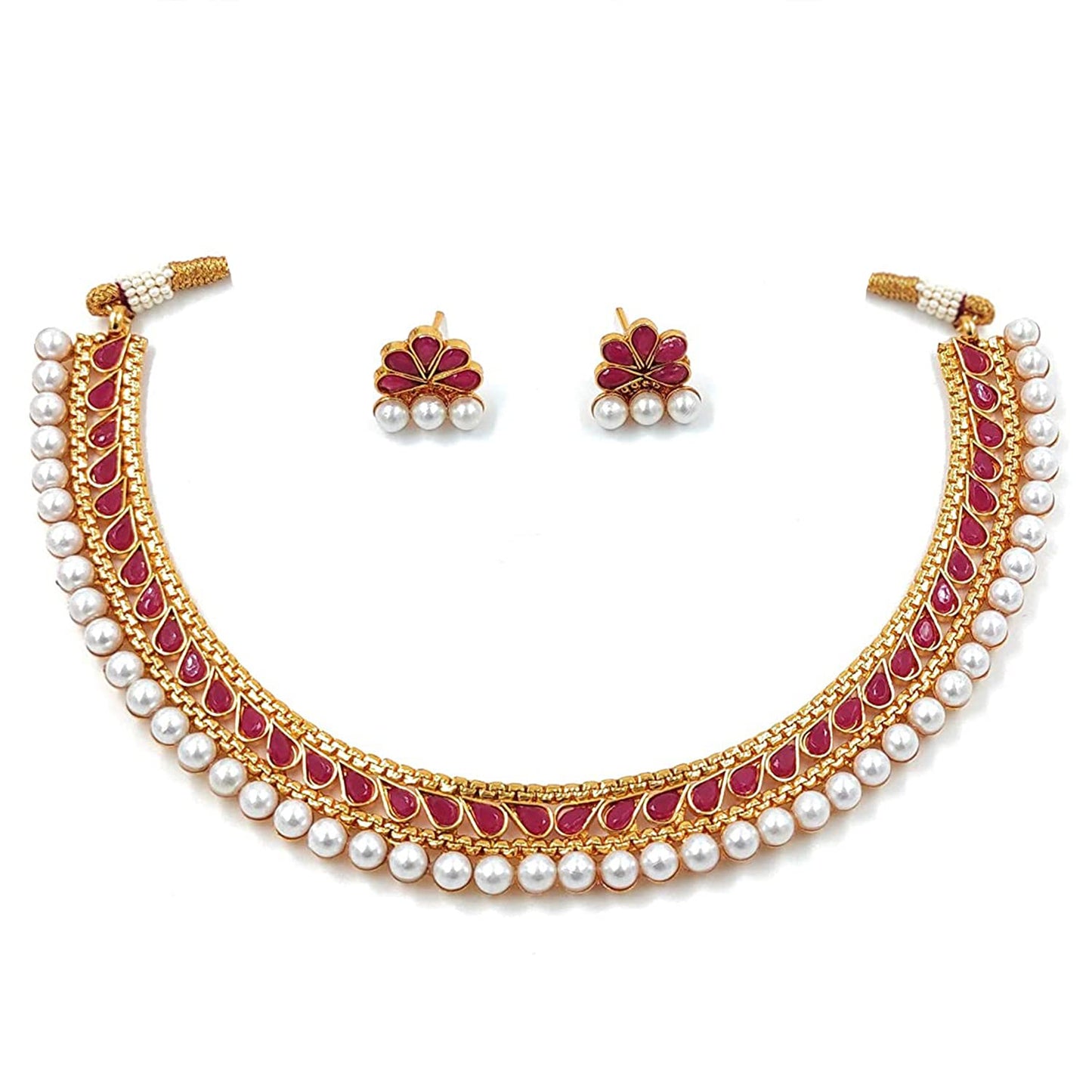 Women's Gold Plated Traditional Pink Choker Necklace Jewellery Set