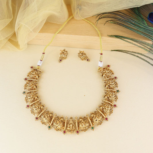 Women's Gold Plated Traditional Temple Choker Necklace Jewellery With Earrings Set