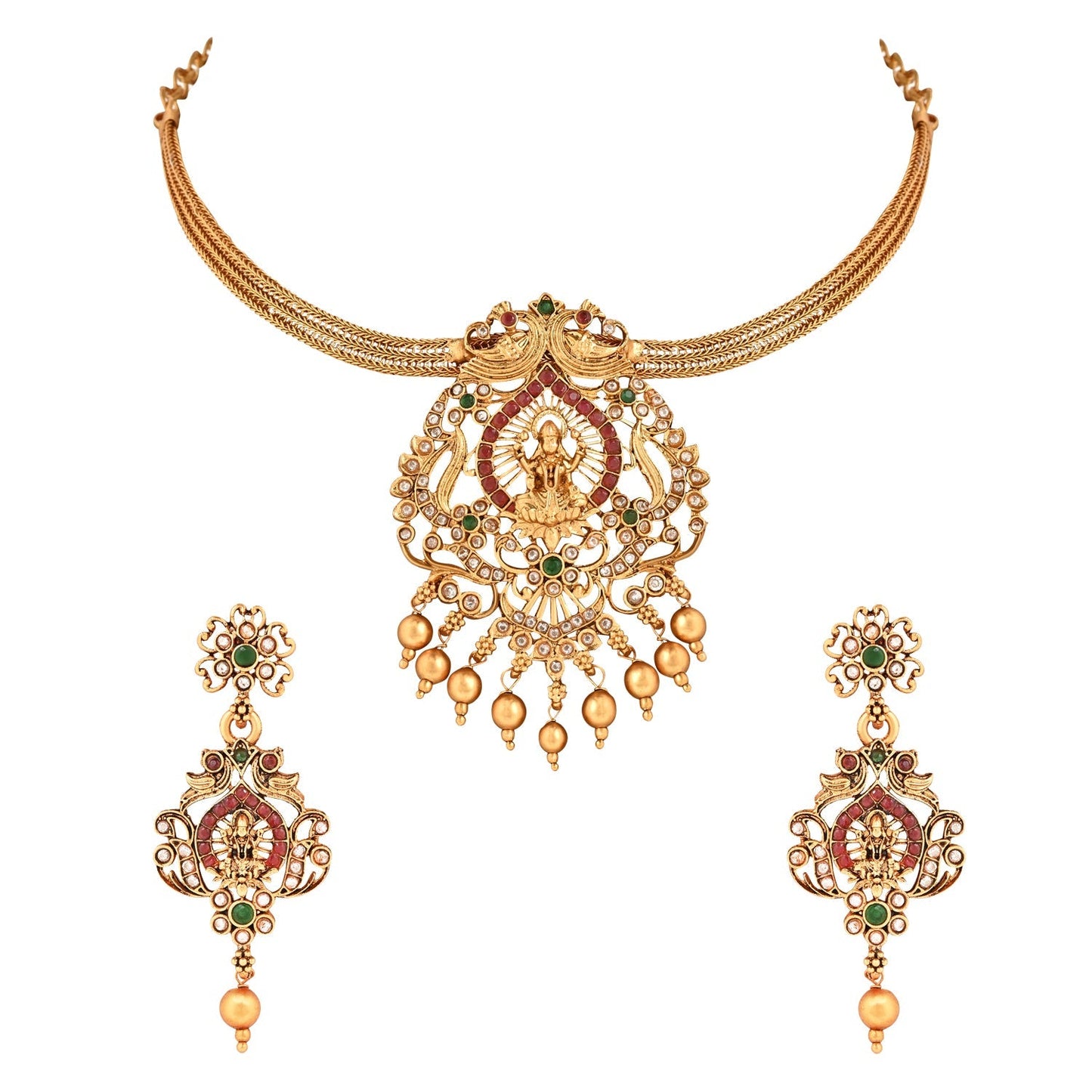 Women's Gold Plated Traditional Temple Choker Necklace Jewellery With Earrings Set