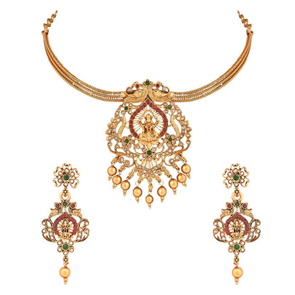 Women's Gold Plated Traditional Temple Choker Necklace Jewellery With Earrings Set