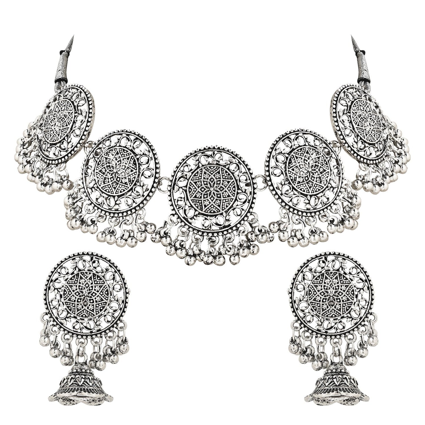 Women's Antique Silver Oxidized Ethnic Traditional Afghani Choker Necklace Jewellery Set