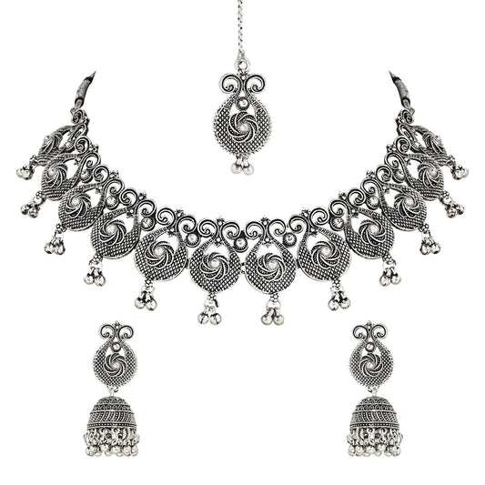 Women's Antique Silver Oxidized Ethnic Traditional Afghani Choker Necklace Jewellery Set