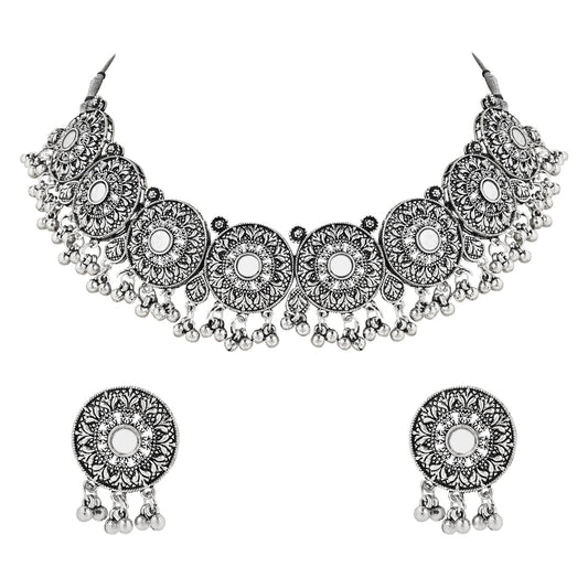 Women's Antique Silver Oxidized Ethnic Traditional Afghani Choker Necklace Jewellery Set