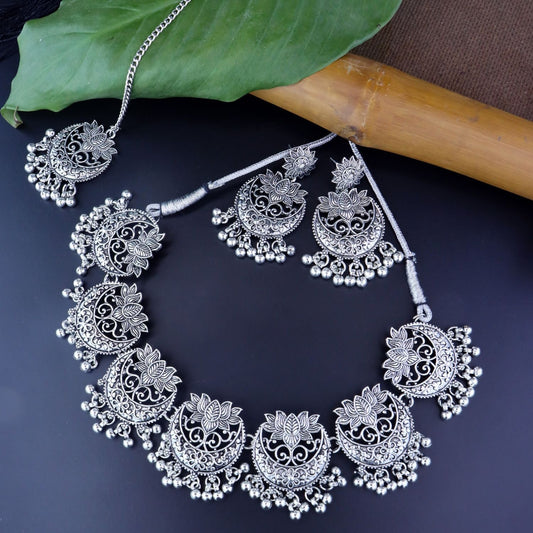 Women's Antique Silver Oxidized Ethnic Traditional Afghani Choker Necklace Jewellery Set