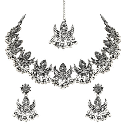 Women's Antique Silver Oxidized Ethnic Traditional Afghani Choker Necklace Jewellery Set