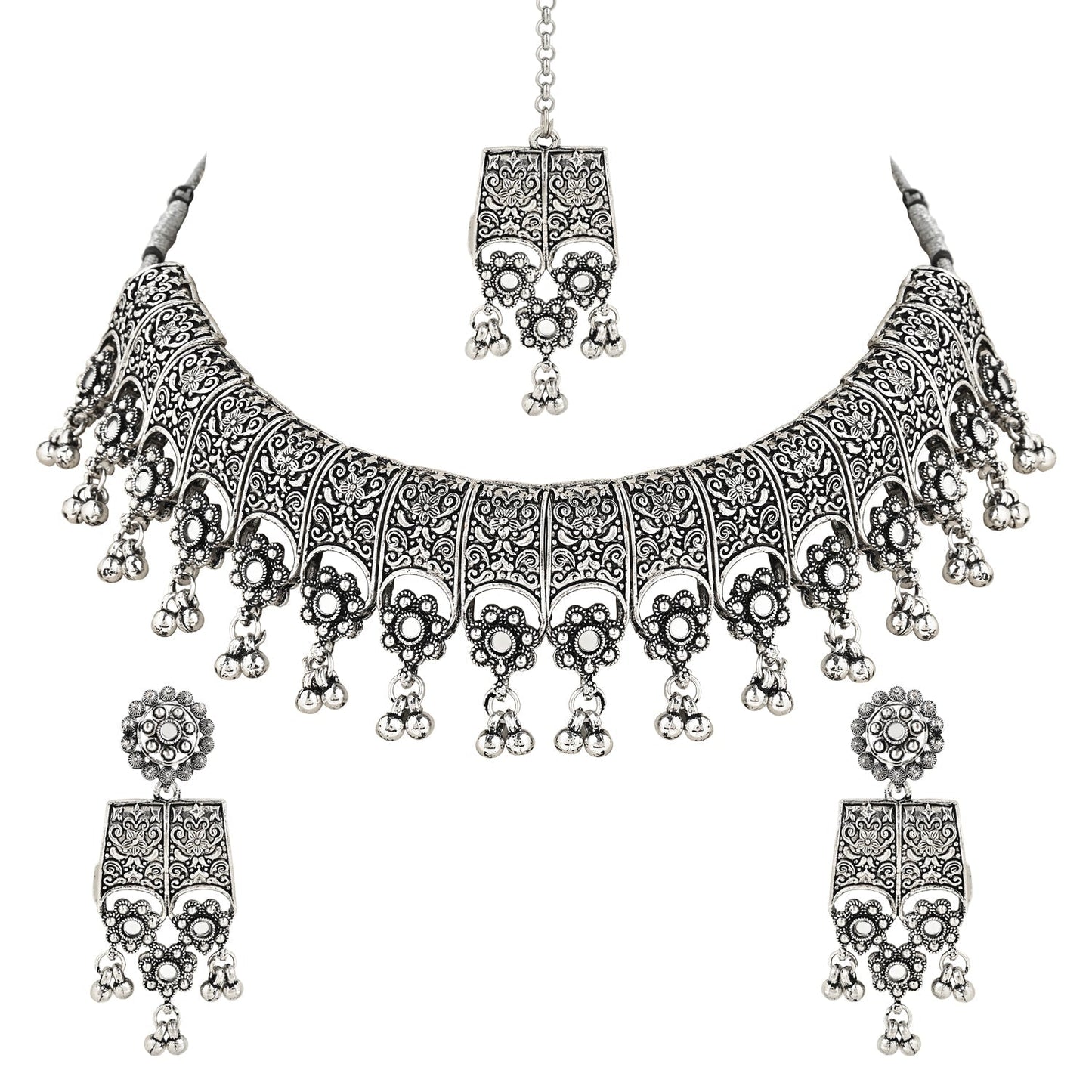 Women's Antique Silver Oxidized Ethnic Traditional Afghani Choker Necklace Jewellery Set