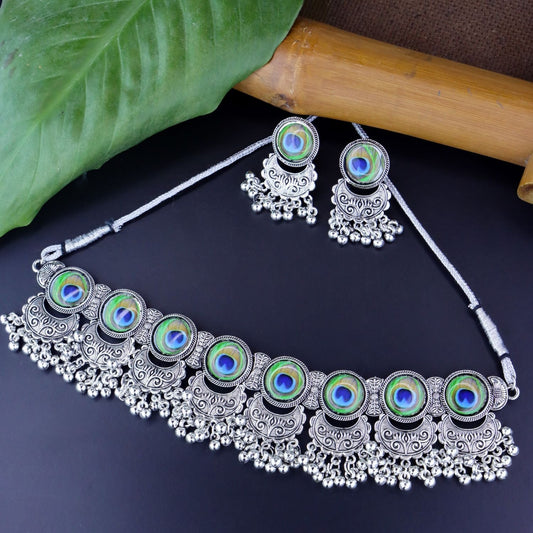 Women's Antique Silver Oxidized Ethnic Traditional Afghani Choker Necklace Jewellery Set