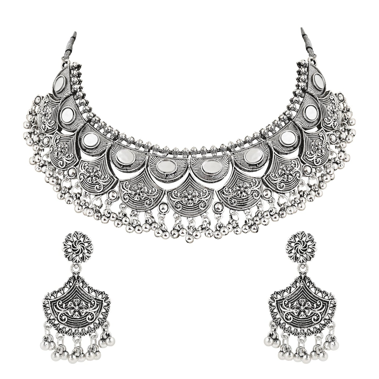 Women's Antique Silver Oxidized Ethnic Traditional Afghani Choker Necklace Jewellery Set