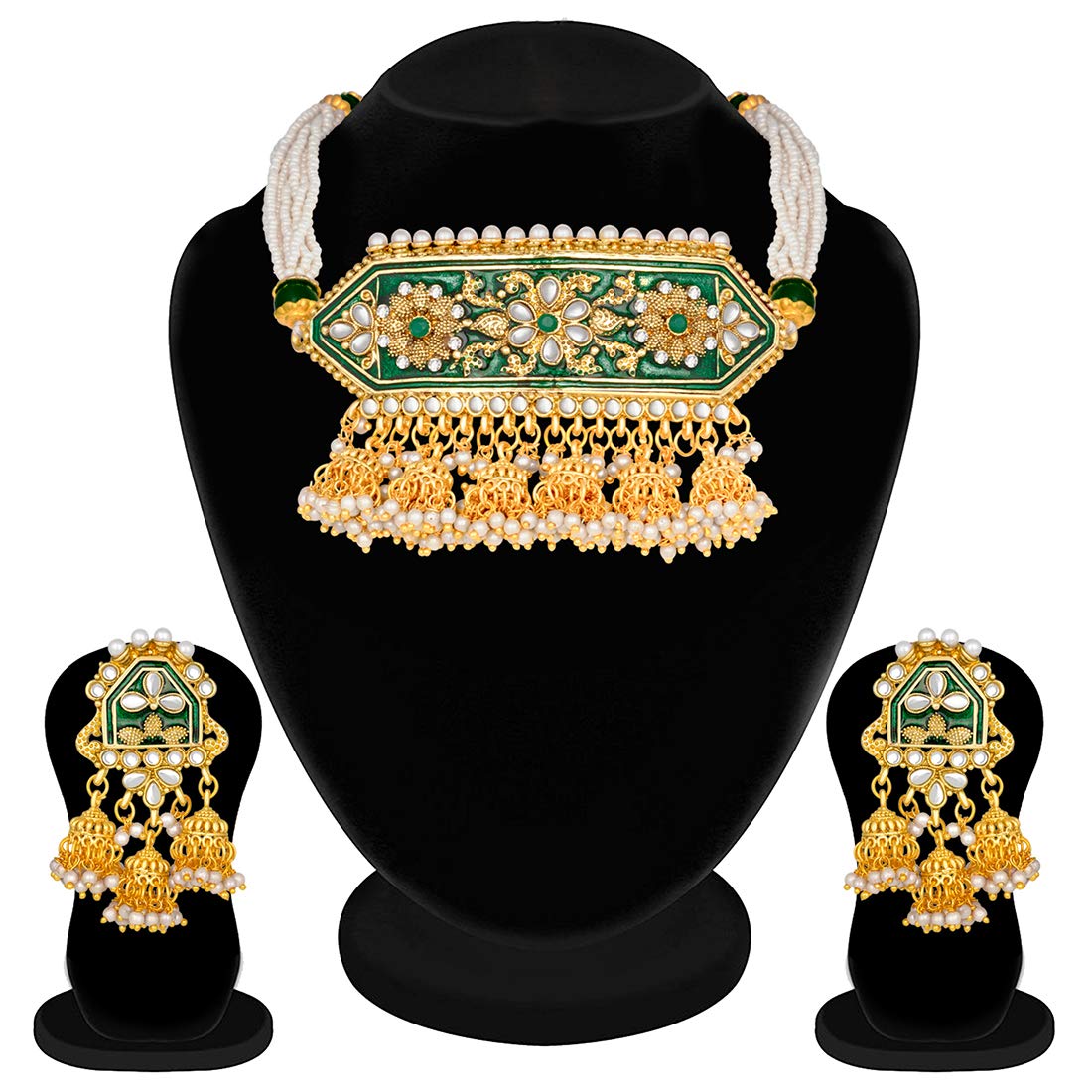 Women's traditiona lgold plated kundan pearl meena work choker jewellery set with jhumkis ml185g