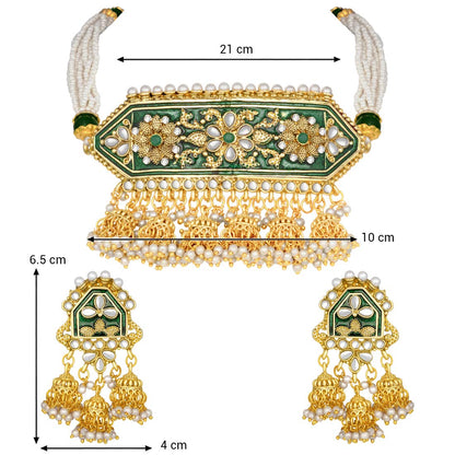 Women's traditiona lgold plated kundan pearl meena work choker jewellery set with jhumkis ml185g