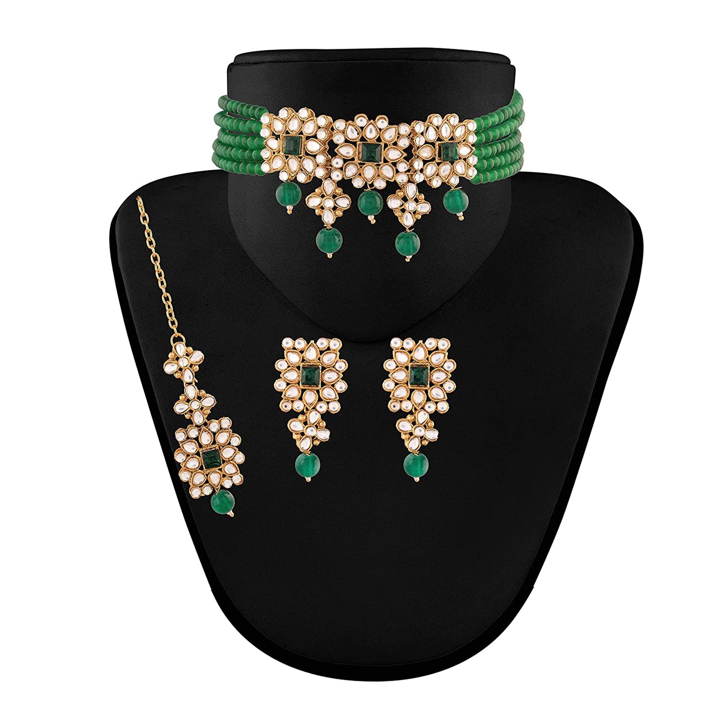 Women's Gold Plated Green Pearl & Kundan Studded Choker Necklace Set with Earrings & Maang Tikka