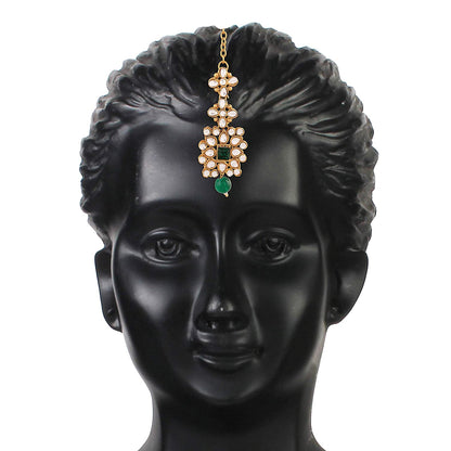 Women's Gold Plated Green Pearl & Kundan Studded Choker Necklace Set with Earrings & Maang Tikka