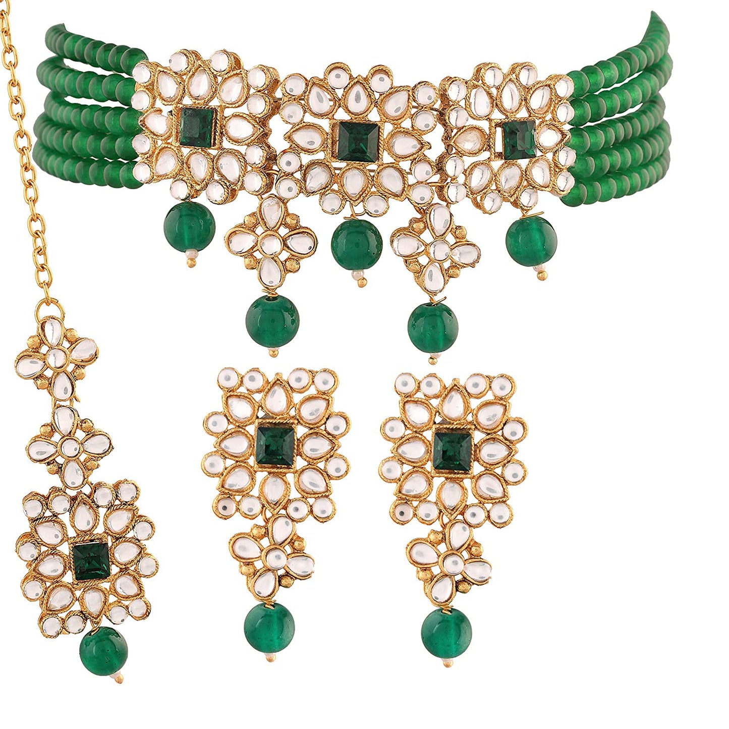 Women's Gold Plated Green Pearl & Kundan Studded Choker Necklace Set with Earrings & Maang Tikka