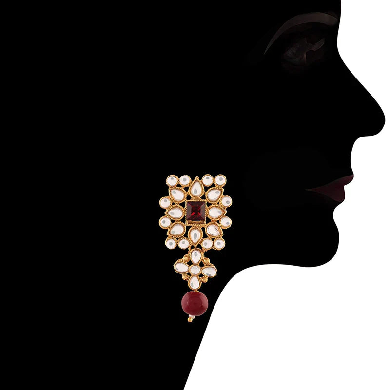 Women's Gold Plated Maroon Pearl & Kundan Studded Choker Necklace Set with Earrings & Maang Tikka