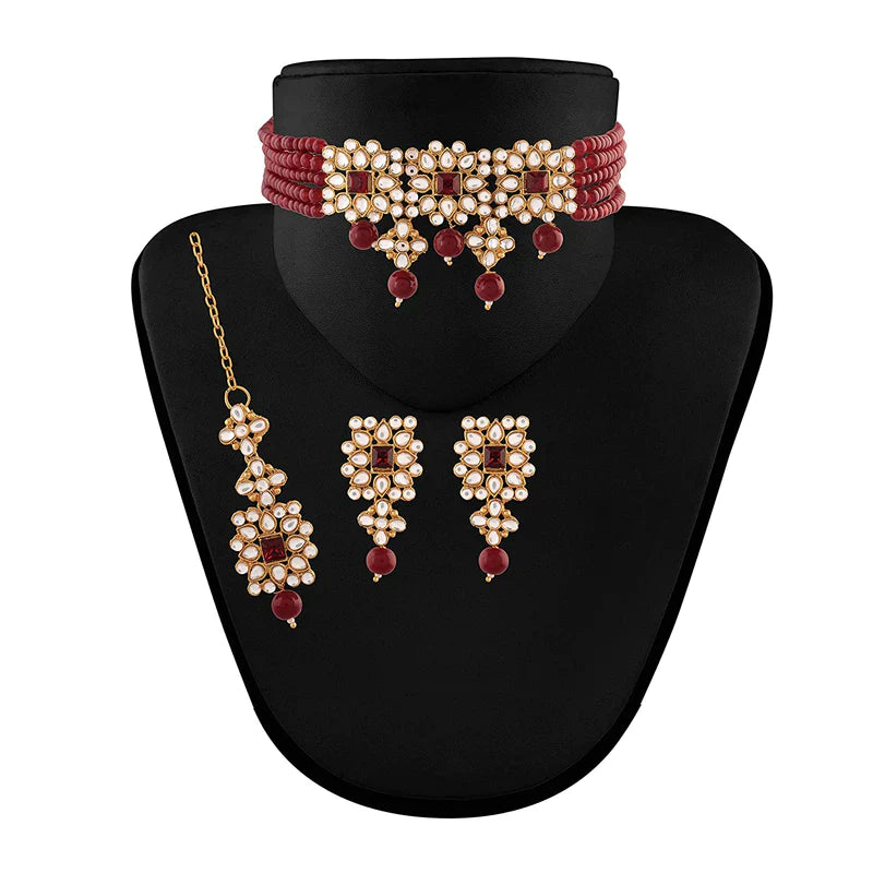 Women's Gold Plated Maroon Pearl & Kundan Studded Choker Necklace Set with Earrings & Maang Tikka