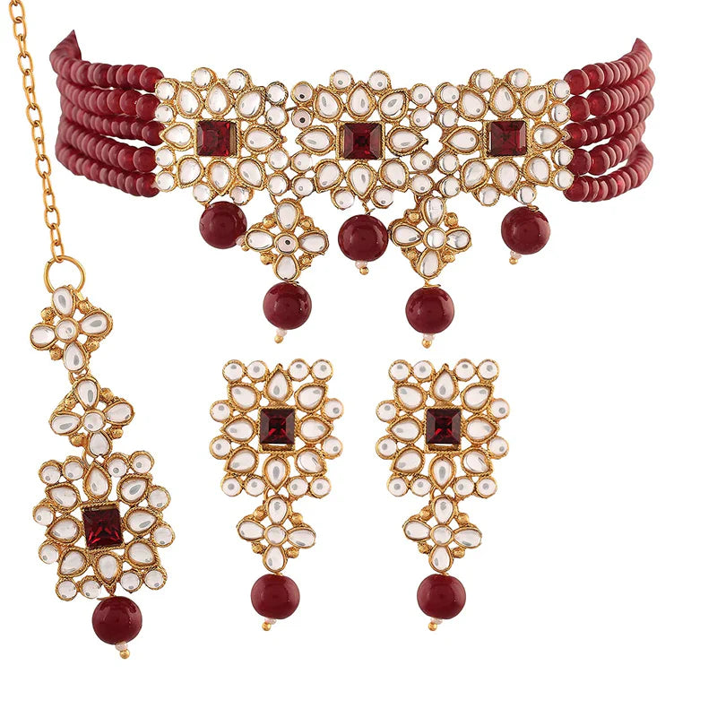 Women's Gold Plated Maroon Pearl & Kundan Studded Choker Necklace Set with Earrings & Maang Tikka