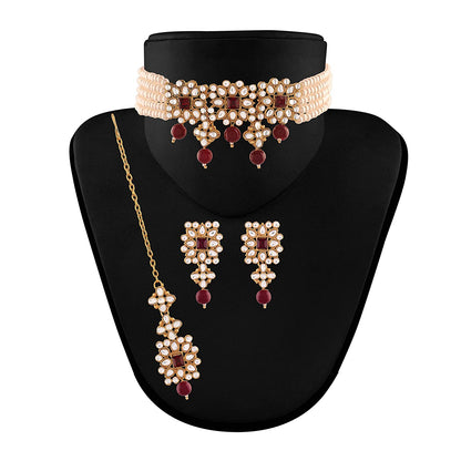 Women's Gold Plated White & Maroon Pearl & Kundan Studded Choker Necklace Set with Earrings & Maang Tikka