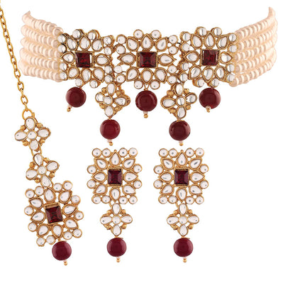 Women's Gold Plated White & Maroon Pearl & Kundan Studded Choker Necklace Set with Earrings & Maang Tikka