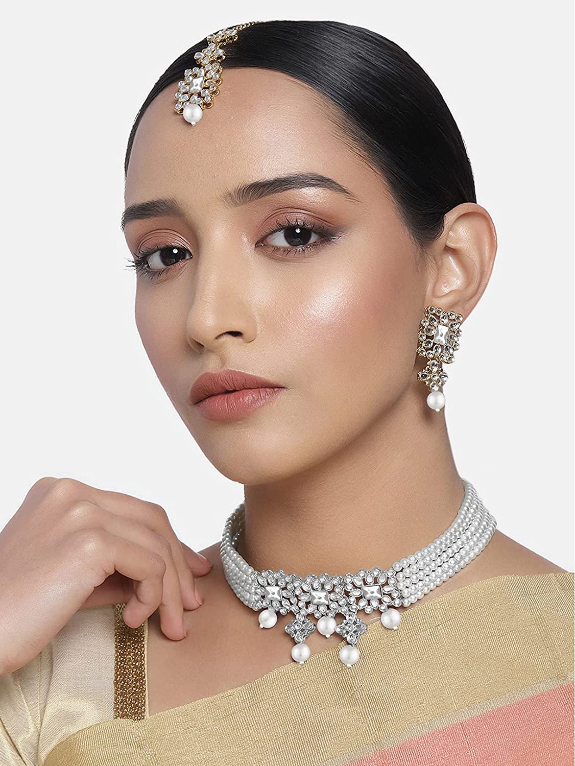 Women's Rhodium Plated Pearl & Kundan Studded Choker Necklace Set with Earrings & Maang Tikka