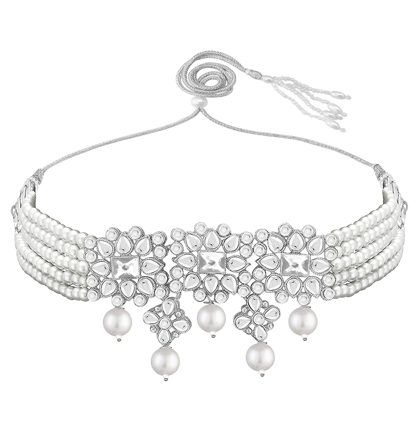 Women's Rhodium Plated Pearl & Kundan Studded Choker Necklace Set with Earrings & Maang Tikka