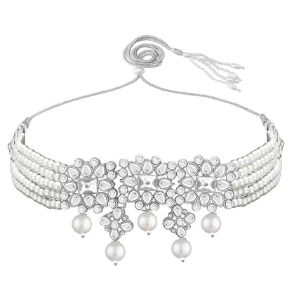 Women's Rhodium Plated Pearl & Kundan Studded Choker Necklace Set with Earrings & Maang Tikka