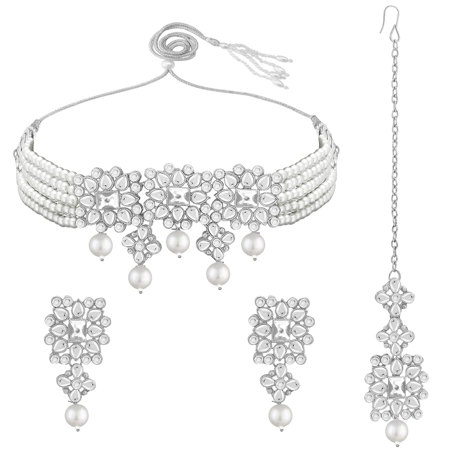 Women's Rhodium Plated Pearl & Kundan Studded Choker Necklace Set with Earrings & Maang Tikka