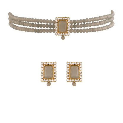 Women's  Gold Plated  Handcrafted Crystal Stone Studded Choker Necklace Jewellery Set With Earrings