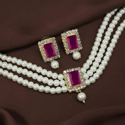 Women's  Gold Plated Handcrafted Ruby Stone Studded Pearl Choker Necklace Jewellery Set With Earrings