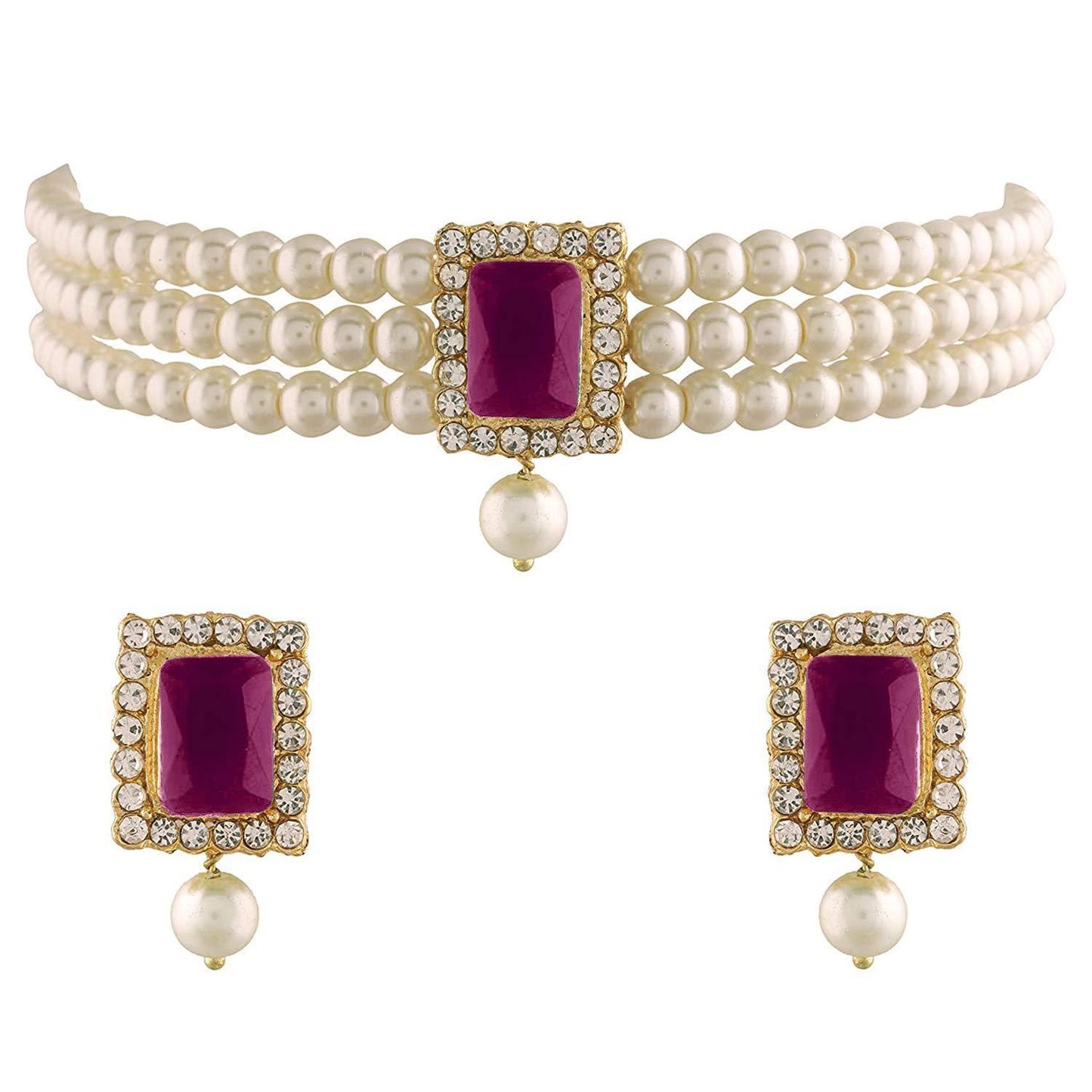 Women's  Gold Plated Handcrafted Ruby Stone Studded Pearl Choker Necklace Jewellery Set With Earrings