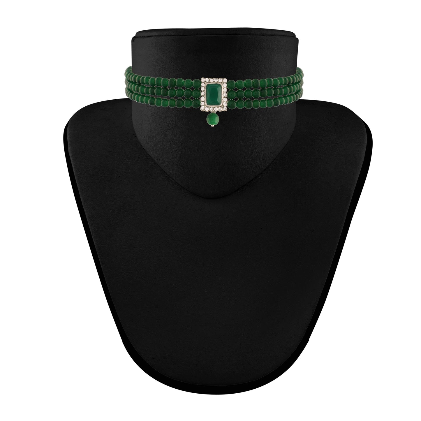 Women's  Rhodium Plated Green Stone Studded Pearl Choker Necklace Jewellery Set With Earrings