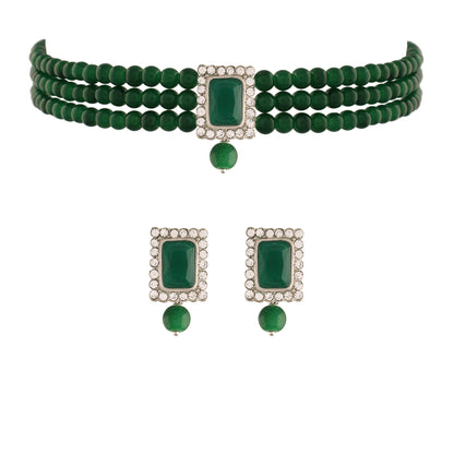 Women's  Rhodium Plated Green Stone Studded Pearl Choker Necklace Jewellery Set With Earrings