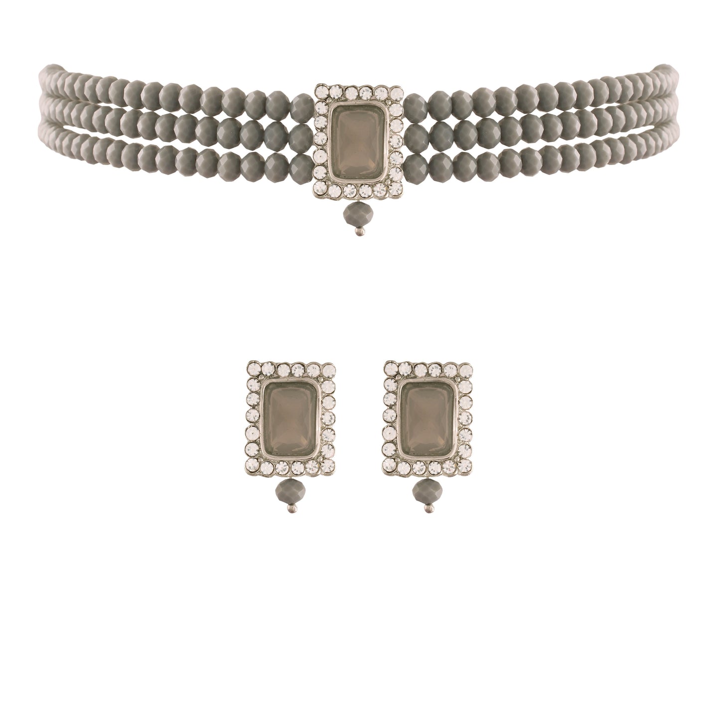 Women's  Rhodium Plated Grey Crystal Stone Beaded Choker Necklace Jewellery Set With Earrings