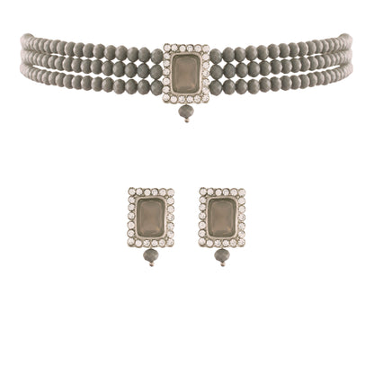 Women's  Rhodium Plated Grey Crystal Stone Beaded Choker Necklace Jewellery Set With Earrings