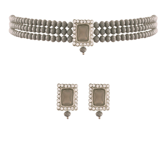 Women's  Rhodium Plated Grey Crystal Stone Beaded Choker Necklace Jewellery Set With Earrings