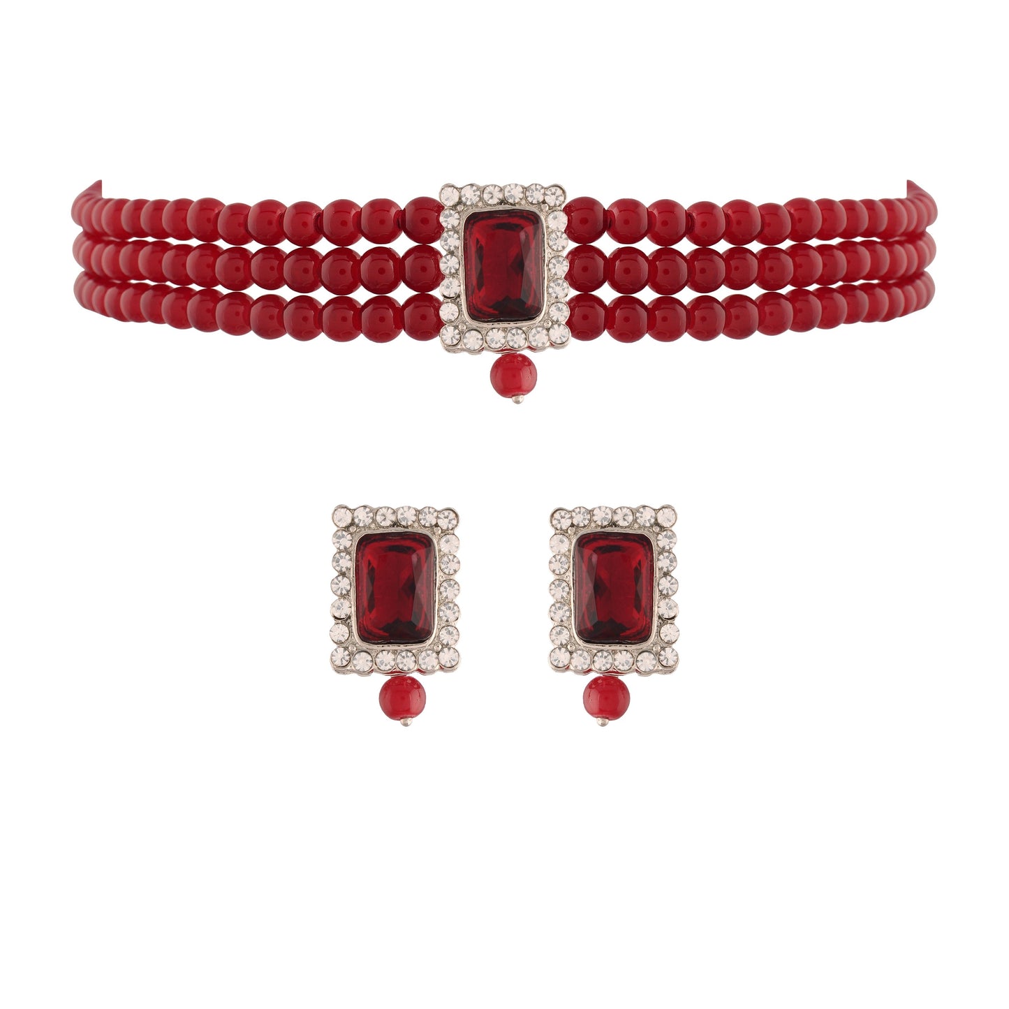 Women's  Rhodium Plated Maroon Stone Studded Pearl Choker Necklace Jewellery Set With Earrings For Women