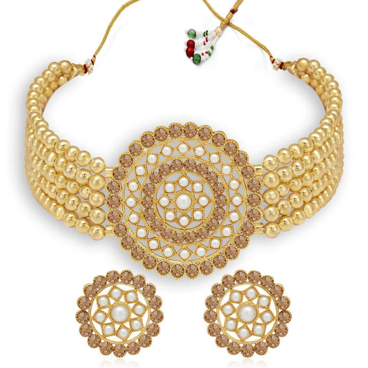 Women's Gold Plated Traditional Light Weight Pearl Beaded Choker Necklace Jewellery Set