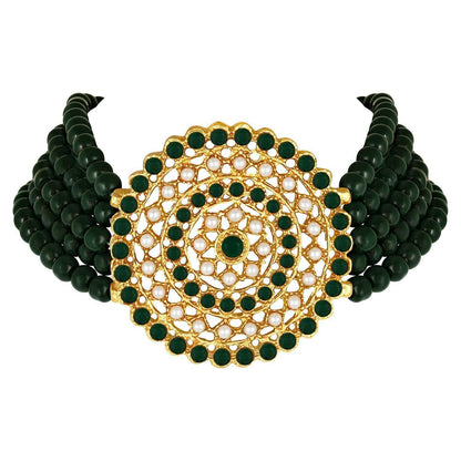 Women's Gold Plated Green Light Weight Pearl Beaded Choker Necklace Jewellery Set