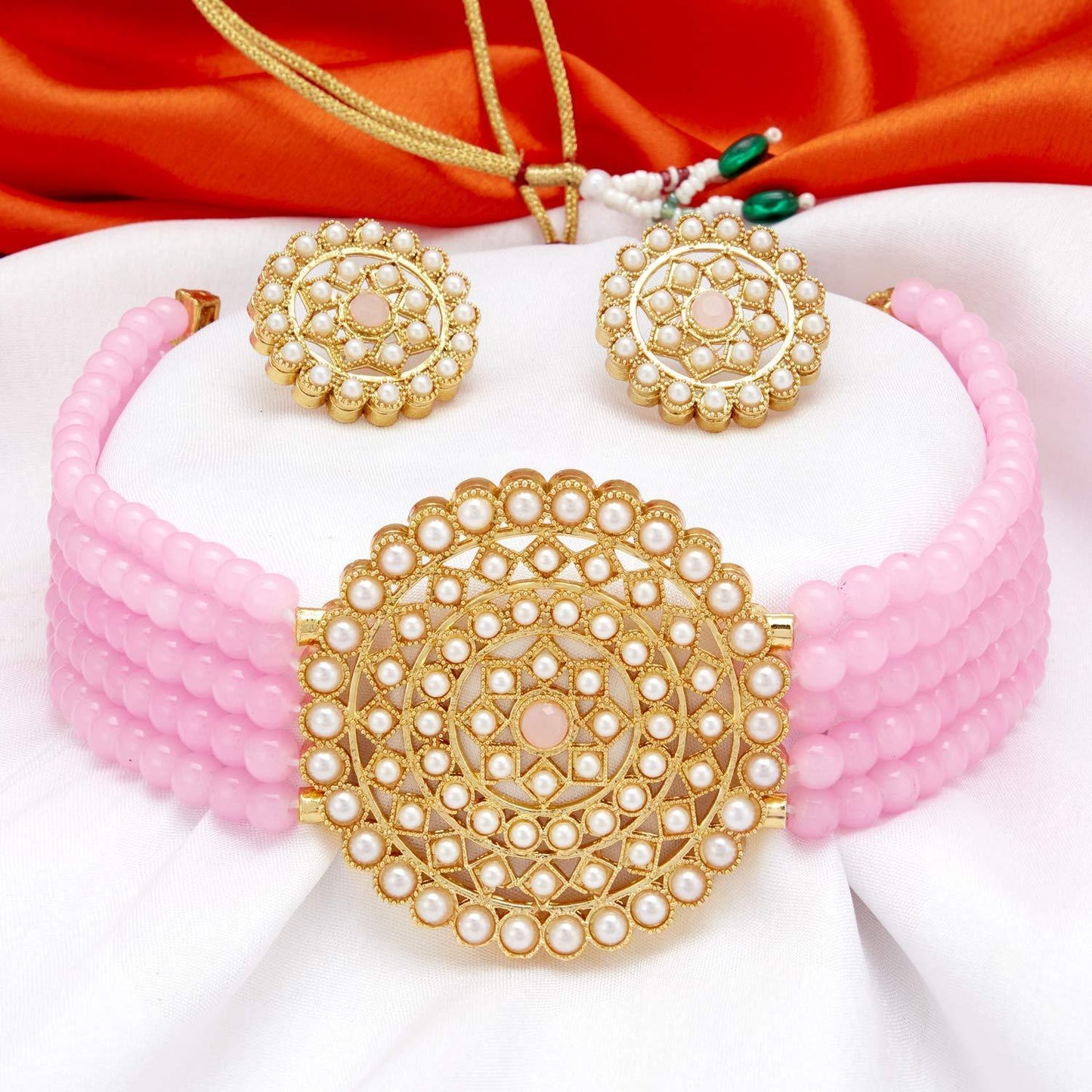 Women's Gold Plated Pink Light Weight Pearl Beaded Choker Necklace Set