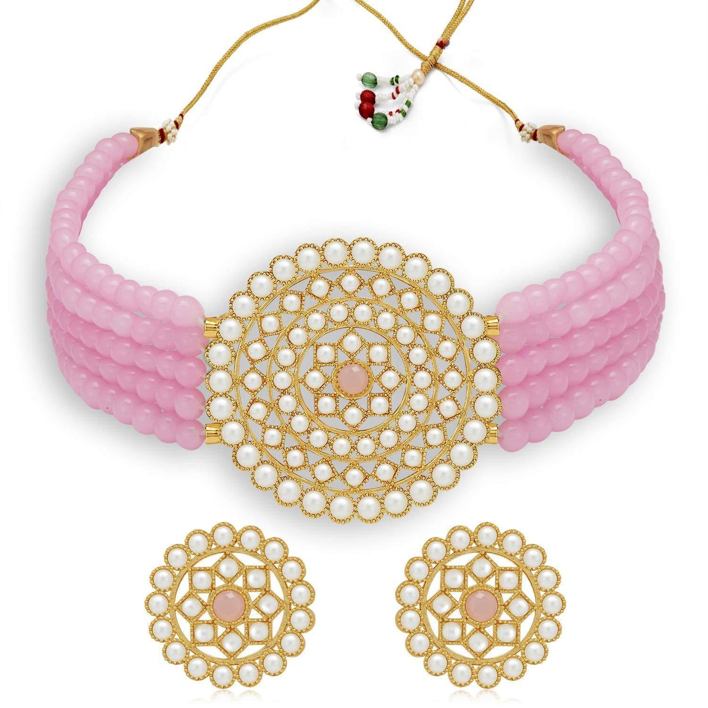 Women's Gold Plated Pink Light Weight Pearl Beaded Choker Necklace Set