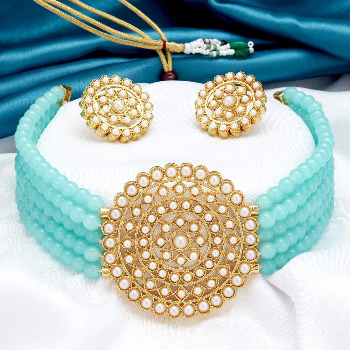 Women's Gold Plated Turquoise Light Weight Pearl Beaded Choker Necklace Set