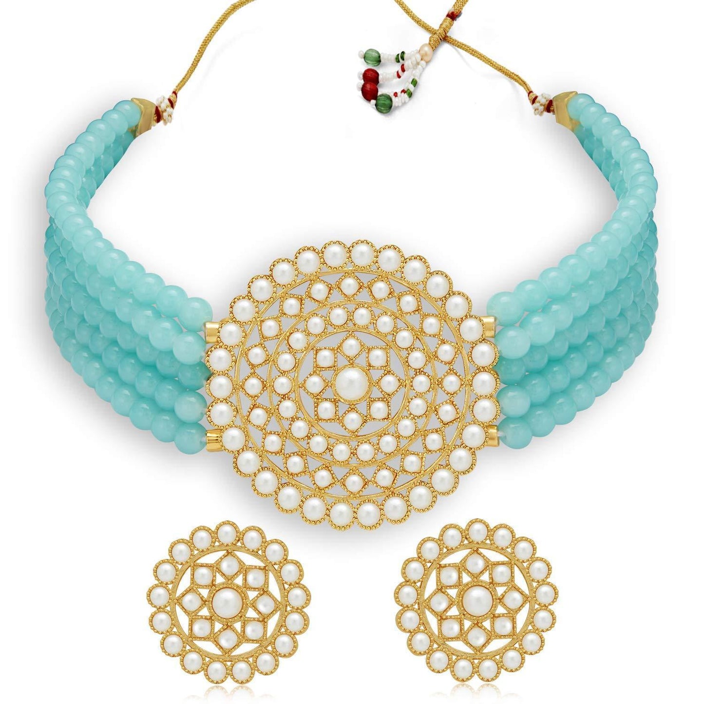 Women's Gold Plated Turquoise Light Weight Pearl Beaded Choker Necklace Set