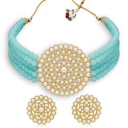 Women's Gold Plated Turquoise Light Weight Pearl Beaded Choker Necklace Set