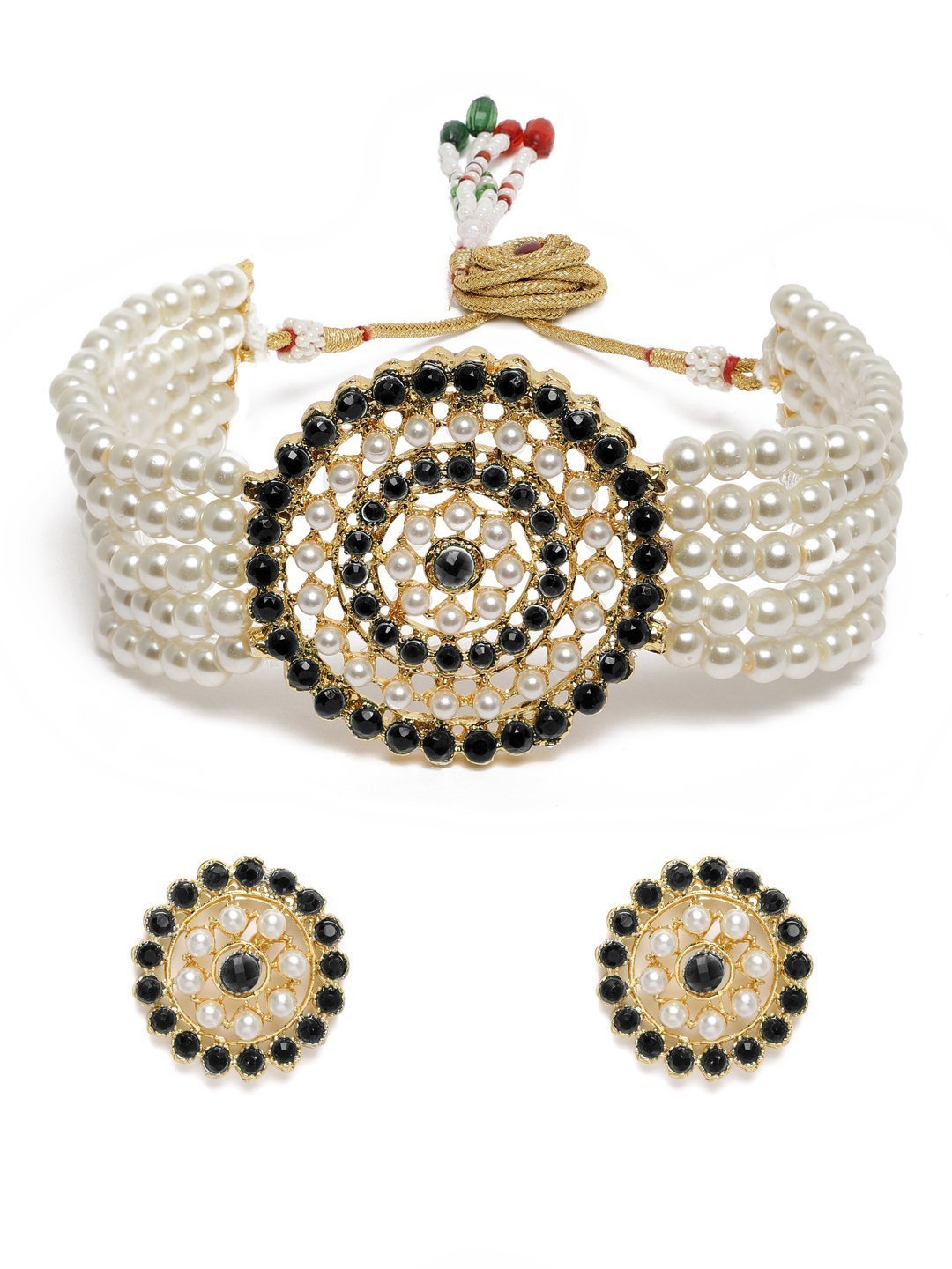 Women's Gold Plated White & Black Light Weight Pearl Beaded Choker Necklace Set