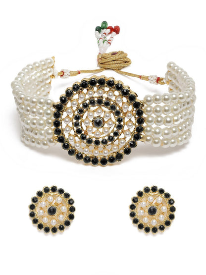 Women's Gold Plated White & Black Light Weight Pearl Beaded Choker Necklace Set