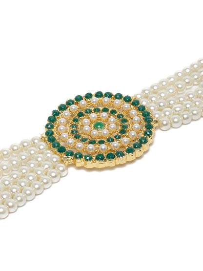 Women's Gold Plated Green Light Weight Pearl Beaded Choker Necklace Set