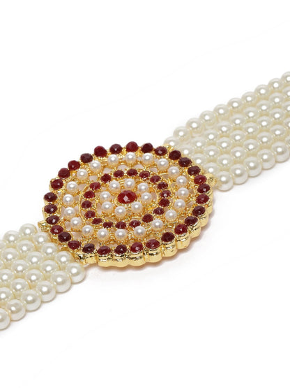 Women's Gold Plated Maroon Light Weight Pearl Beaded Choker Necklace Set